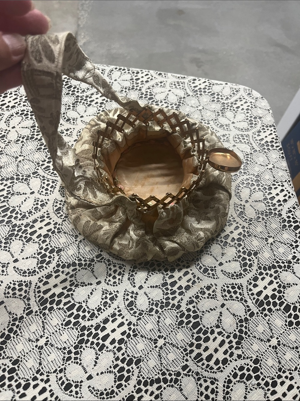 Gold Silk Drawstring Evening Bag with Wrist Strap Beggers Purse